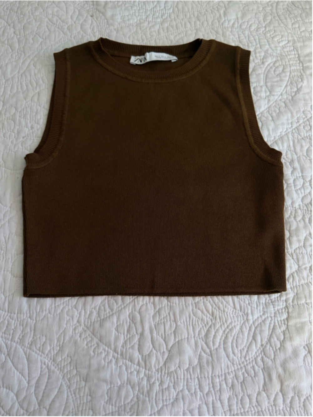 Zara Brown Knit Cropped Sleeveless Sweater Tank Top Size S